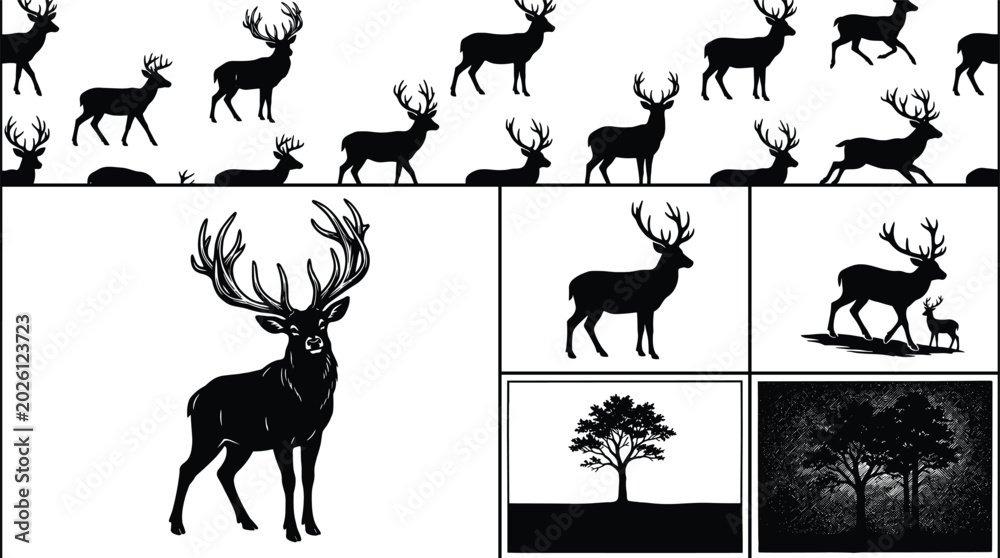 Naklejka premium Black Silhouette Deer and Forest Trees in Grid Panels Featuring Wildlife Animals, Woodland Scenery, and Rustic Nature Design Concepts