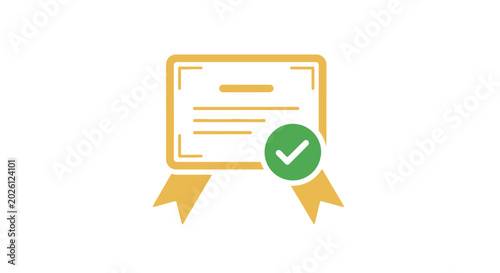 A flat vector illustration of a golden certificate with a green check mark icon
