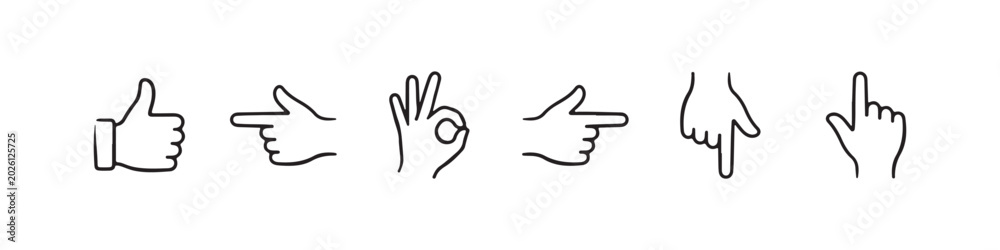 Fototapeta premium Vector icons of various hand gestures in a clean, hand-drawn outline style, featuring a pointing index finger, OK sign, left-pointing hand, thumbs up, downward-pointing hand, and a right-pointing hand