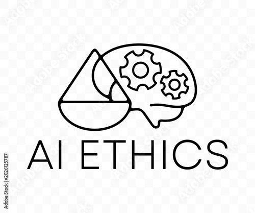 AI ethics, brain, gear, scales and justice, graphic design. Artificial, intelligence, technology, legal, law and moral, vector design and illustration