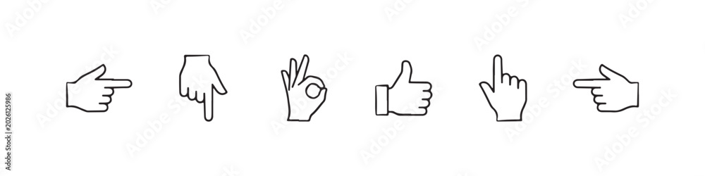 Fototapeta premium Vector icons of various hand gestures in a clean, hand-drawn outline style, featuring a pointing index finger, OK sign, left-pointing hand, thumbs up, downward-pointing hand, and a right-pointing hand