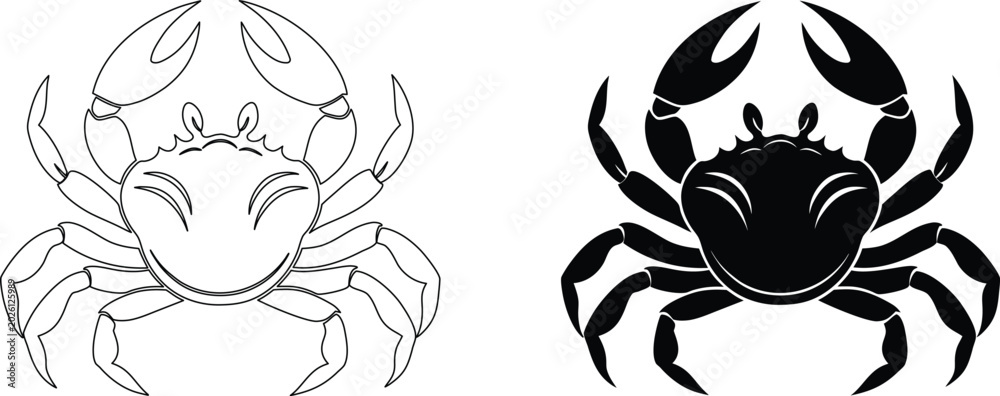 Obraz premium Smiling crab standing on waves, black and white outline vector illustration.
