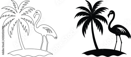 Obraz na plátně Flamingo and palm tree silhouette on small island set isolated on transparent background