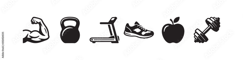 Fototapeta premium Vector icons representing fitness, bodybuilding, and a healthy lifestyle in a clean black silhouette style. The set features a flexing bicep with a wristband, a treadmill, a running sneaker, a crossed