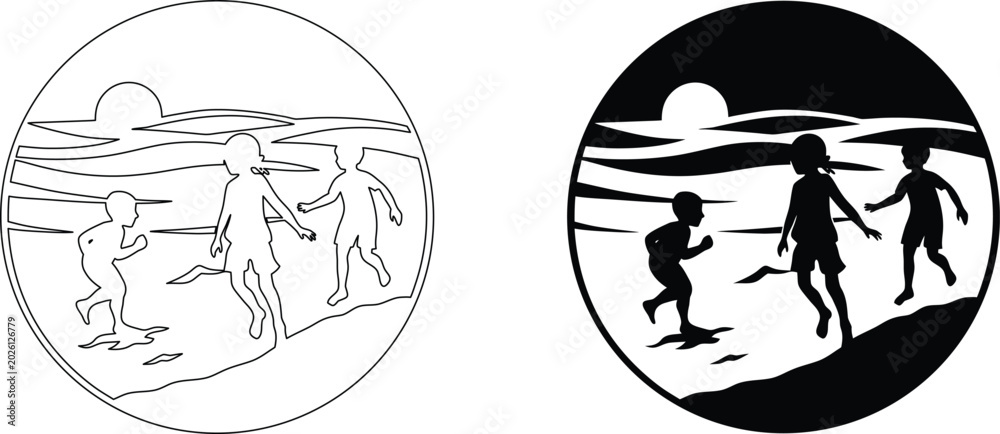 Obraz premium Kids playing on beach scene inside circle frame with outline and solid black shadow style.