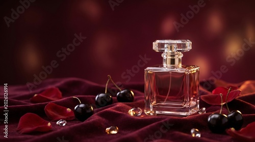 Fotografía Elegant perfume bottle with dark cherries and rose petals on velvet