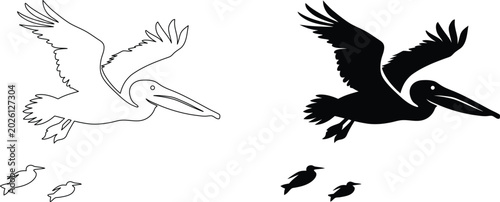 Foto Pelican bird flying in sky line art and silhouette design in vector format
