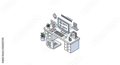 Tableau sur toile An isometric illustration of a modern office workspace with computer equipment