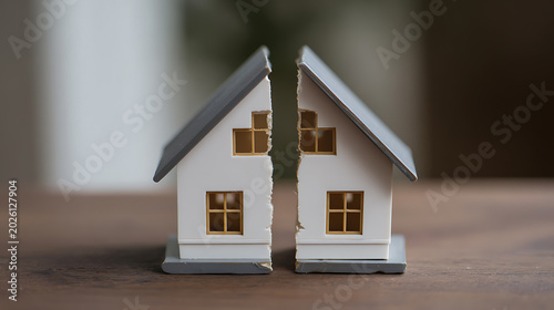 Divided miniature house model split in two, symbolizing separation, property dispute, divorce, or sale on a wooden surface with soft focus