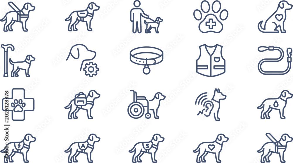 Obraz premium Service dog icons collection showing assistance animals with medical equipment and harnesses for disabled people support