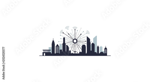 Photos A digital silhouette of a modern city skyline with wireless network connectivity