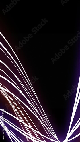 White curved light trails on black background. Dynamic motion lines flowing across dark space. Digital technology effect for futuristic motion graphic. Abstract vertical animation background
