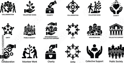 Community and social connection icon set featuring collaboration, volunteer work, charity, unity, public society, neighborhood, and collective support symbols for social networking.