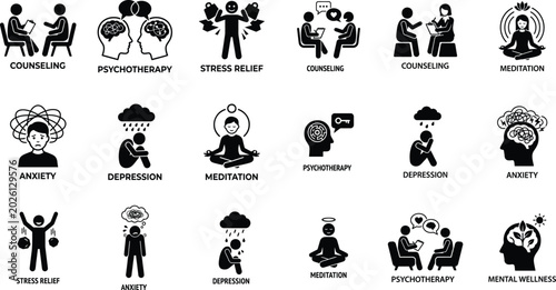 Mental health and therapy session icon set featuring counseling, psychotherapy, stress relief, anxiety, depression, meditation, emotional support, and wellness psychology symbols.