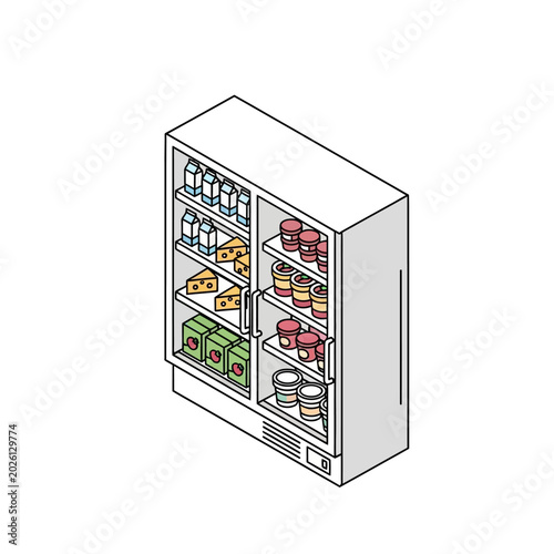 Fotografie An isometric illustration of a commercial refrigerated display case for food ite