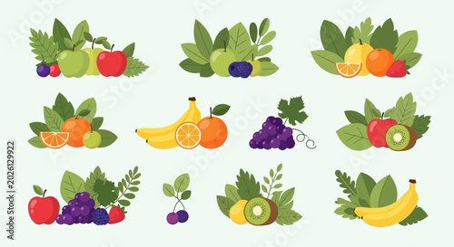 Colorful fruit icons with leaves.