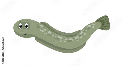 Fotografie Cute cartoon vector illustration of a green spotted eelpout or burbot fish