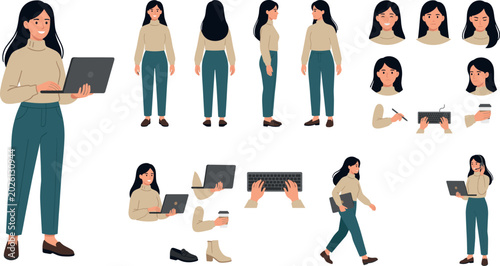 Woman Character Creation Set with Laptop Poses Facial Expressions Walking Gestures and Digital Work IllustrationWoman Character Creation Set with Laptop Poses Facial Expressions Walking Gestures and D