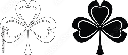 Photos Three leaf clover lucky shamrock vector illustration with outline and solid silhouette art