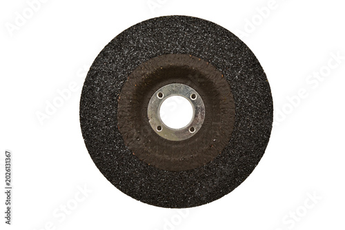 Silicon carbide grinding disc for masonry and steel processing. Heavy stock removal abrasive tools, top view flat lay.