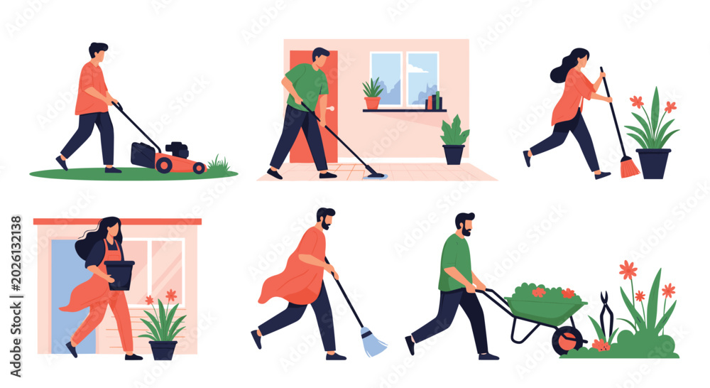 Fototapeta premium Collection of illustrations showing men and women engaged in various household chores like gardening, cleaning, and yard work.