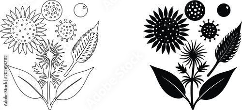 Assorted botanical and cellular icons featuring flower leaf and abstract microscopic forms.