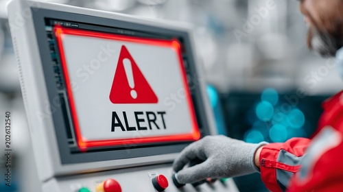 Worker interacts with industrial control panel.