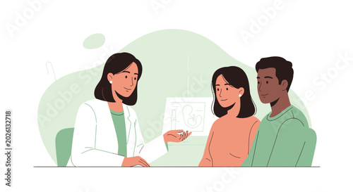 Doctor explains results to hopeful couple in office. Fertility.