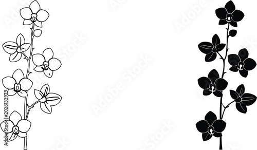 Black outline and silhouette orchid flowers on branch icon set isolated on transparent background.