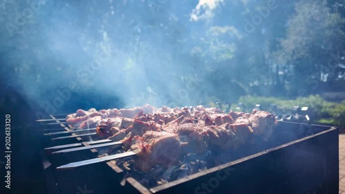 Slow motion closeup of juicy barbecue meat skewers grilling on hot charcoal with heavy smoke in sunny outdoor garden setting