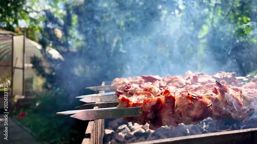 Slow motion closeup of juicy meat skewers grilling on hot charcoal with smoke and fire in sunny backyard barbecue setting