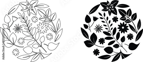 Circle of flowers and leaves outline and filled black vector illustration.