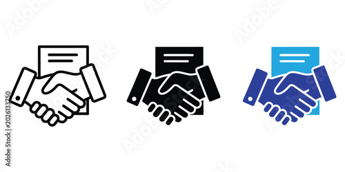 Set of handshake icons with a document representing a business contract agreement Vector