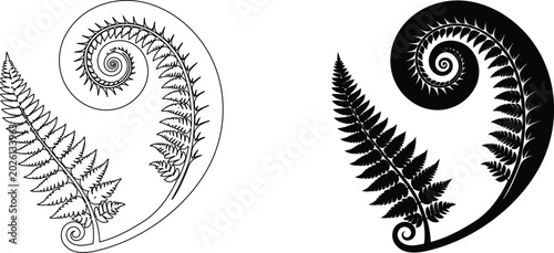 Tableau sur toile Fern frond unfurling spiral outline and silhouette vector nature illustration