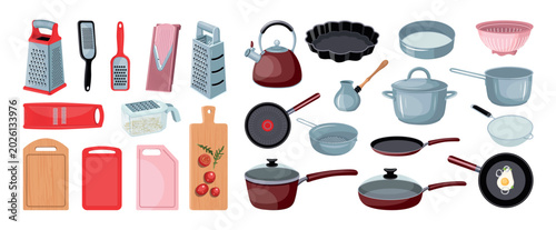 Foto Cartoon vector illustration of kitchen pots, frying pans, metal graters, and wooden cutting boards