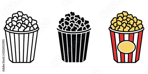 Set of three popcorn buckets in outline solid and colorful cartoon styles Vector