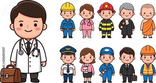 Bild auf Leinwand Cartoon Community Helper Character Set with Doctor Engineer Firefighter Judge Mo