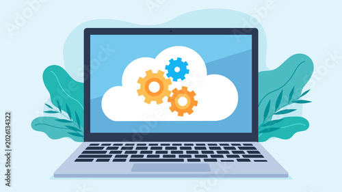 Cogs appear in the cloud. Data processing in the cloud. Flat design style illustration clip. Spinning gears in a cloud on a laptop screen. 