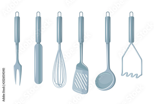 Photos Vector illustration of a steel kitchen utensils set