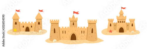 Foto Sandcastle set sand castle fortress beach toy collection with towers flags starf