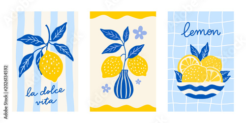 Fotografía Lemon poster set mediterranean food print yellow citrus fruit card Italian style