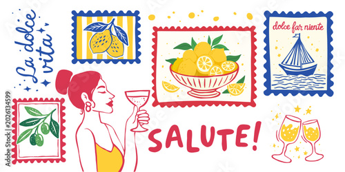 Φωτογραφία La dolce vita poster set Mediterranean Italian style elements girl wine glass le