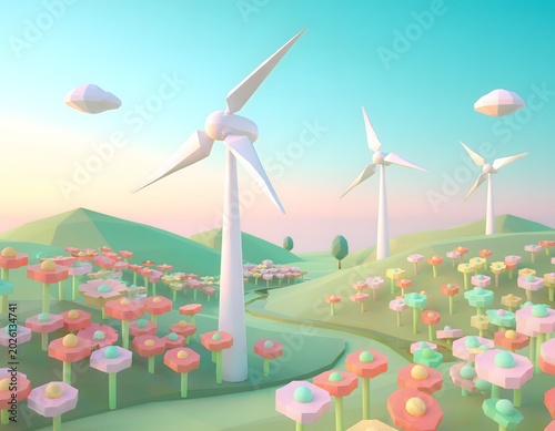 Clean energy concept illustration featuring stylized 3D wind turbines spinning in an abstract sustainable field of glowing digital ecological flowers