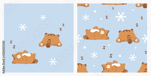 Cute sleeping cat and snowflake seamless pattern pastel blue winter background design.