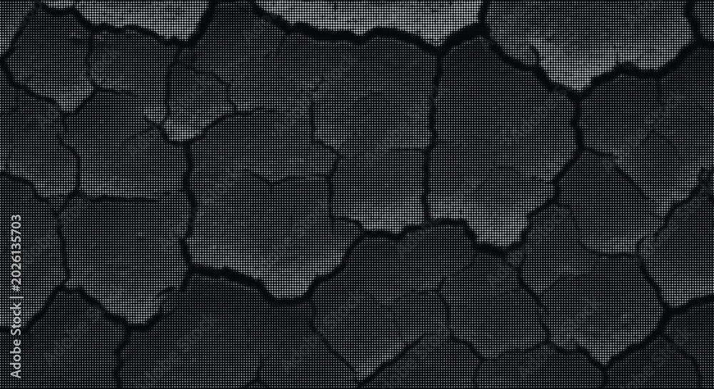 Obraz premium Abstract dark cracked surface texture halftone pattern black and white background with subtle light variations.