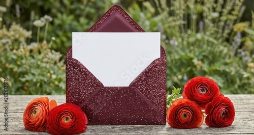 Glittery Burgundy Envelope with White Card and Red Flowers on Wooden Table for Wedding Invitation