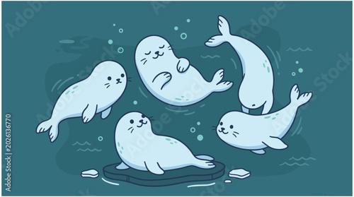 Canvastavla Seals swimming in ocean water, cute cartoon illustration