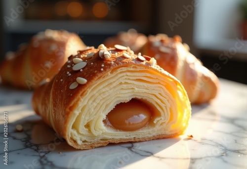 Ample Almond Croissant Featuring Velvety Filling Center On Polished Marble Bakery Countertop