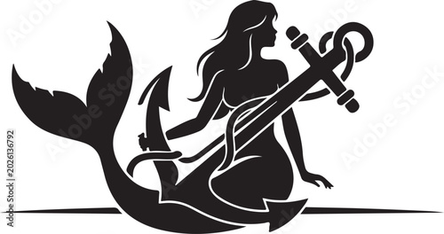 A silhouette of a mermaid sitting on an anchor playing a guitar
