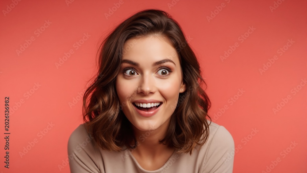 Fototapeta premium Happy surprised woman with excited facial expression. Close-up portrait of cheerful young female model with wow reaction on coral background